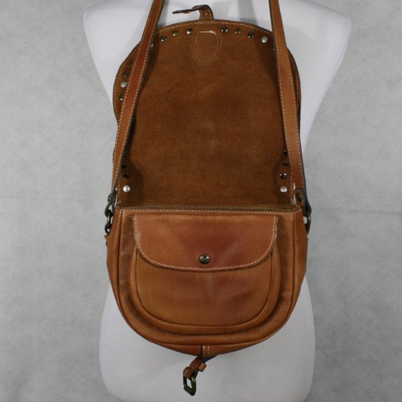 Patricia Nash Brown Italian Pebble Leather Crossbody Saddle Bag w/ Rivets VGC - Picture 8 of 14